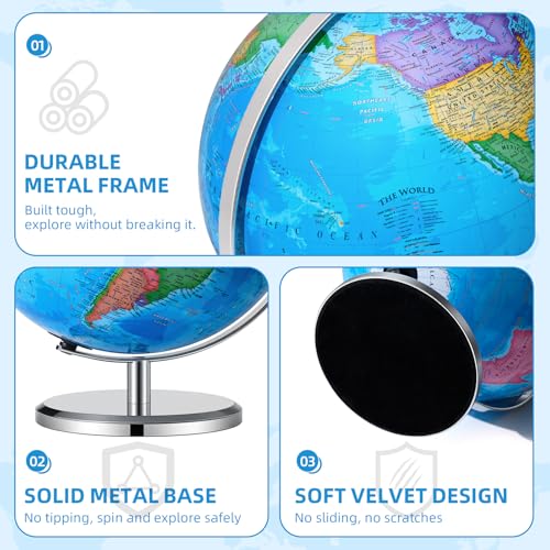 BSHAPPLUS 13 inch Large Globe for Classroom & Home Learning, Political Globe with 195+ Countries, Dry Erase & Waterproof Surface, Solid Stainless Steel Base (No Assembly Required) - color: Blue, size: 13inch