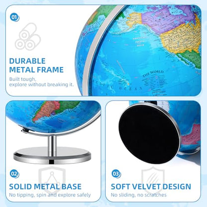 BSHAPPLUS 13 inch Large Globe for Classroom & Home Learning, Political Globe with 195+ Countries, Dry Erase & Waterproof Surface, Solid Stainless Steel Base (No Assembly Required) - color: Blue, size: 13inch