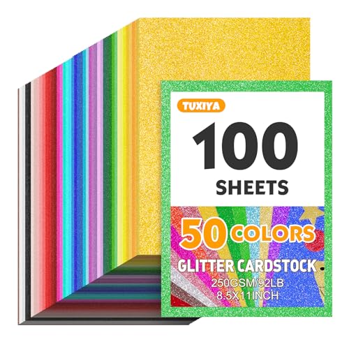 TUXIYA 100 Sheets 8.5" X 11" Glitter Cardstock,50 Assorted Colors 250GSM/92LB Glitter Cardstock,No-Shed Sparkly Glitter Paper for Arts and Crafts, Decorative, Card Making, Scrapbooking, DIY Projects - size: 100p