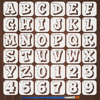 FINGERINSPIRE 36PCS Graffiti Doodle Letters and Numbers Stencils with 1Pc Plastic Brush 3.9x3.9inch Graffiti Letters Stencil Decorative Numbers Stencil Decorative Template for Painting on Wall Wood