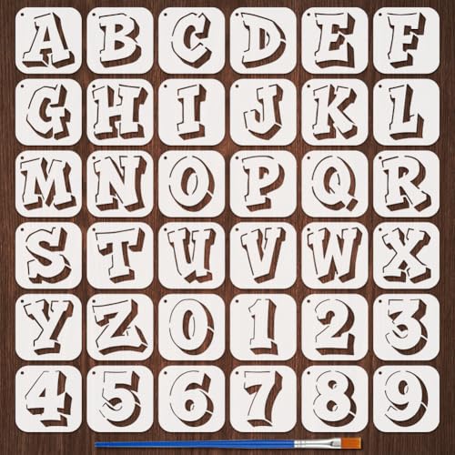 FINGERINSPIRE 36PCS Graffiti Doodle Letters and Numbers Stencils with 1Pc Plastic Brush 3.9x3.9inch Graffiti Letters Stencil Decorative Numbers Stencil Decorative Template for Painting on Wall Wood