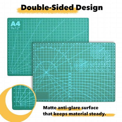Mandala Crafts Self-Healing Cutting Mat Set – 9" x 12" A4 Green Double-Sided 5-Ply Mat with Fabric Cutter, Quilt Ruler & Craft Knife for Sewing, Quilting, Leather & Scrapbooking - color: Green Combo, size: 9 x 12 Inches Mat Combo