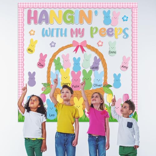 Spring Easter Bunny Bulletin Board Decorations Set Hangin with My Bunny Bulletin Board Classroom Decorations Easter Bunnies Egg Basket Paper Cutouts for Church Sunday School Chalkboard Wall Decor - style: Pink Easter