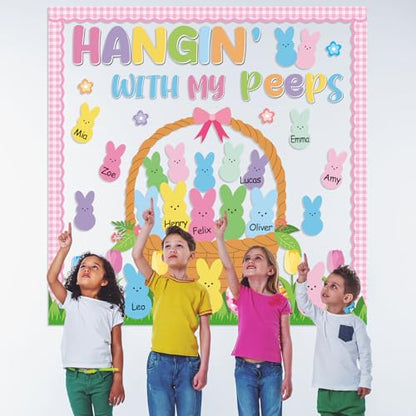 Spring Easter Bunny Bulletin Board Decorations Set Hangin with My Bunny Bulletin Board Classroom Decorations Easter Bunnies Egg Basket Paper Cutouts for Church Sunday School Chalkboard Wall Decor - style: Pink Easter