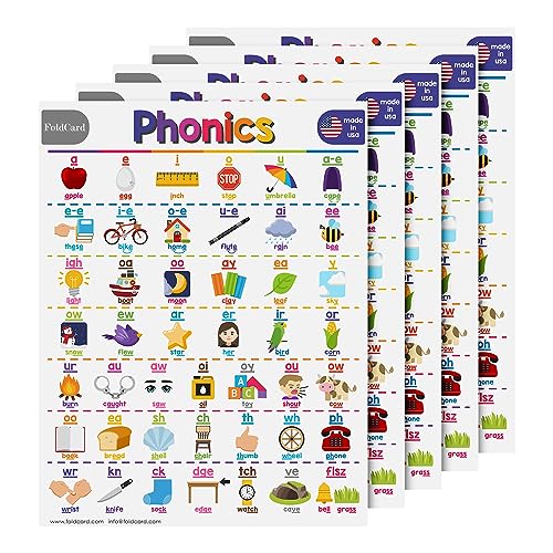 FoldCard Phonics Chart Educational Poster 8.5x11 5pk | Glossy cardstock; bright classroom decorations; preschool-grade 1 learning aid for kids & school supplies - color: Phonics