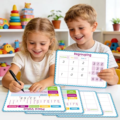 Place Value 드라이 지우개 보드 10팩, 수십억에서 소수까지 가르치는 양면 수학 교구 화이트보드, 학생 교실 홈스쿨용 쓰기 가능, 30.5 x 20.3cm(12 x 8인치) - style: 장소 가치
