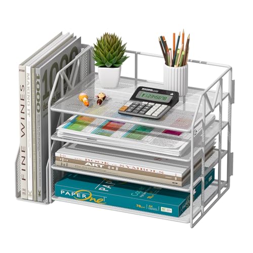 4-Tier Paper File Organizer with Bookend, Metal Desk Organizer, Tiered Paper Tray for Letter/A4 Files, Desktop Office Supplies Storage Rack for Home Office, Classroom, School & Work, White - color: 4-Tier White with Bookend
