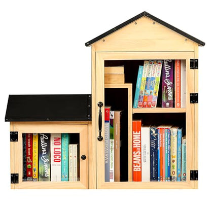 Little Library Box Outdoor, Double Little Library Design with Adjustable Shelf and Large & Small Compartments, Solid Wood with Waterproof Coating & Metal Trim, Sharing Books, Literature & Newspapers - size: 26"L x 13"W x 26"H