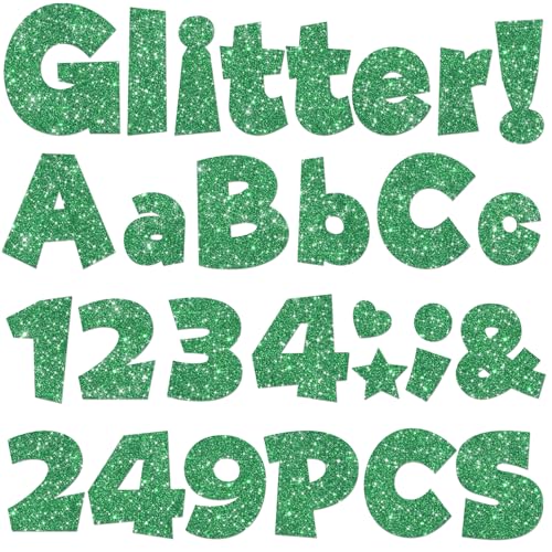 249 Pcs Glitter Bulletin Board Letters Numbers and Punctuation, 4 Inch Alphabet Poster Board Cardboard Letter Cutouts with Adhesive Dots for Classroom Bulletin Board School Decorations (Green) - color: Green