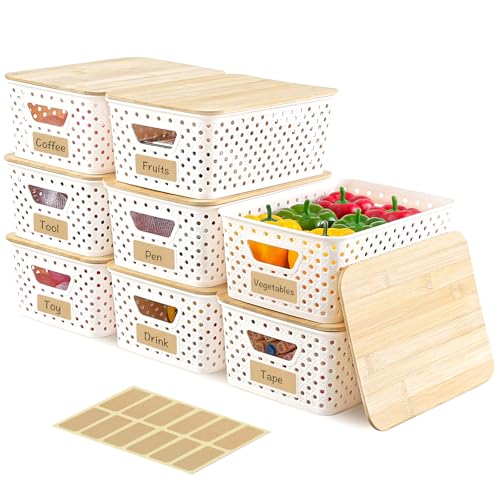 8 Pack Plastic Storage Bins with Bamboo Lids - Stackable Storage Baskets with Handle for Pantry Organizer and Storage, Plastic Containers Bins Lidded Storage Bins for Classroom Office Shelves - size: Large 8 Pack