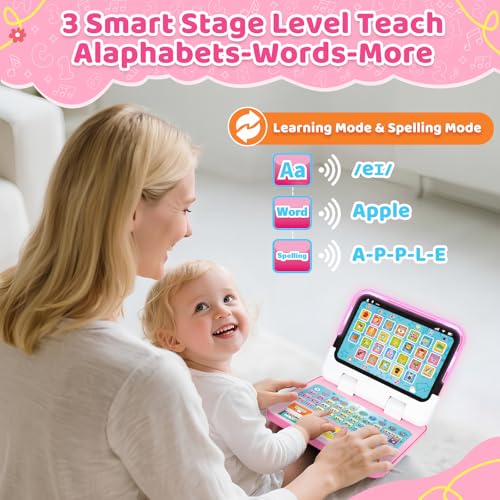 Learning Toy for Kids 1 2 3 Year Old Boys Girls, Learning Laptop for Toddlers 1-3, Interactive Educational Toys with Music Sounds Lights, Christmas Birthday Gifts for Baby Kids Age 12-18 Months, Pink - color: Pink
