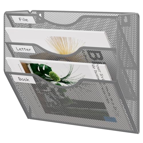 EasyPAG 3 Pocket Mesh Wall File Organizer, Hanging Paper Folder Holder with Classify Label, Vertical Wall Mount Mail Organizer for Office Home Classroom, Silver - color: Silver, size: 3 Tier