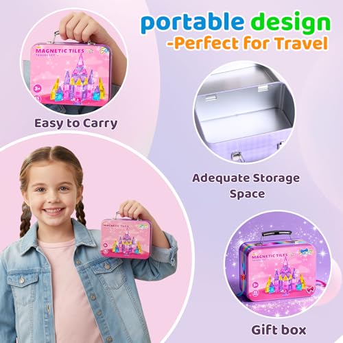SKTMYY Travel Magnetic Tiles Set for Girls,Pink Mini Portable Magnet Toys with Iron Case,Travel Toys for Kids Ages 4-8,Ideal Toddler Birthday Valentines Day Gifts - style: Girls Magnetic Tiles