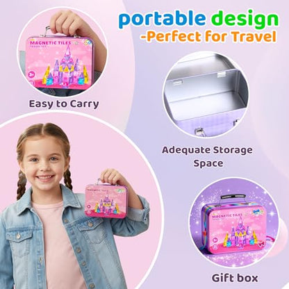 SKTMYY Travel Magnetic Tiles Set for Girls,Pink Mini Portable Magnet Toys with Iron Case,Travel Toys for Kids Ages 4-8,Ideal Toddler Birthday Valentines Day Gifts - style: Girls Magnetic Tiles