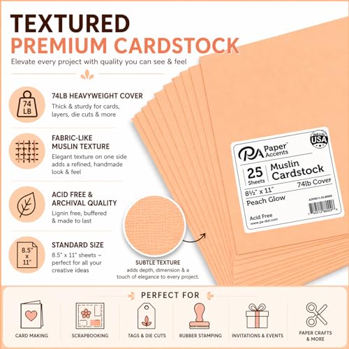 Paper Accents Muslin Texture Cardstock, Peach Glow, 8.5x11 Inch, 25 Pack, 74lb, Scrapbooking Card Making and Crafts