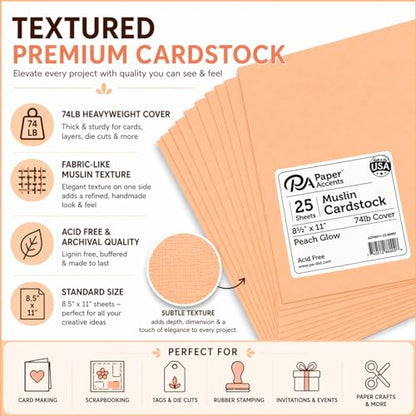 Paper Accents Muslin Texture Cardstock, Peach Glow, 8.5x11 Inch, 25 Pack, 74lb, Scrapbooking Card Making and Crafts