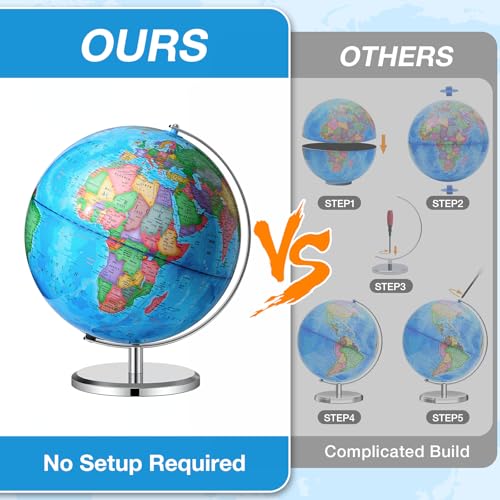 BSHAPPLUS 13 inch Large Globe for Classroom & Home Learning, Political Globe with 195+ Countries, Dry Erase & Waterproof Surface, Solid Stainless Steel Base (No Assembly Required) - color: Blue, size: 13inch