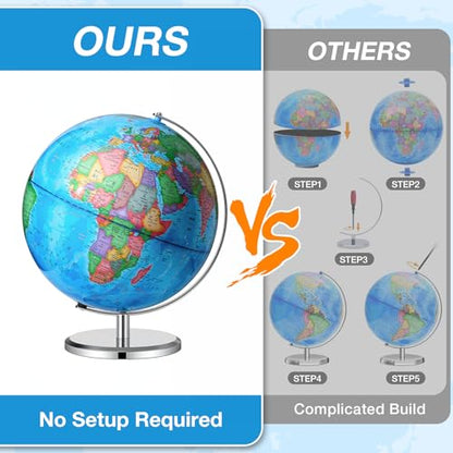 BSHAPPLUS 13 inch Large Globe for Classroom & Home Learning, Political Globe with 195+ Countries, Dry Erase & Waterproof Surface, Solid Stainless Steel Base (No Assembly Required) - color: Blue, size: 13inch