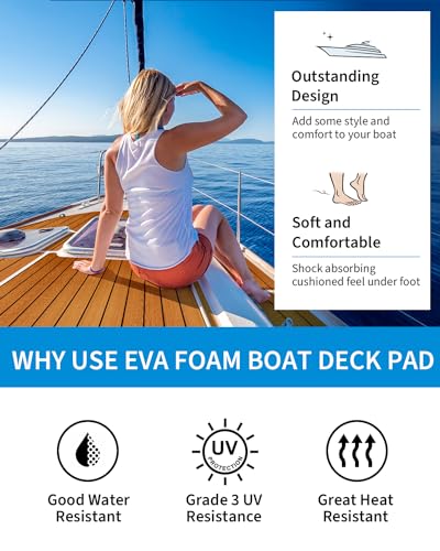 OCEANBROAD Boat Flooring with 3M 99786+ High Strength Adhesive Backing EVA Foam Self-Adhesive 96''x45.6'' Faux Teak Marine Decking Sheet for Jon Boats Yacht RV Floor - color: Brown with Black Lines