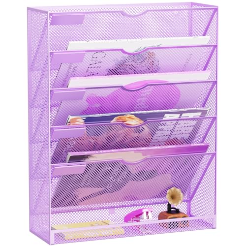 Hanging Wall File Organizer 6 Tier Wall Mounted Mail Paper Folder Holder Document Organization Stand, Vertical Desk Magazine Rack for Office Home Cubicle Countertop, Light Purple - color: Light Purple, size: 6 Tier Ver.B