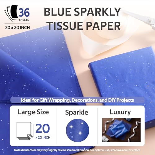 SUNCOLOR 36 Sheets Glitter Blue Tissue Paper, 20 x 20 Inch Wrapping Paper for Gift Bags, Crafts, Packaging, DIY Projects, Sparkly Shimmer Blue - color: Blue