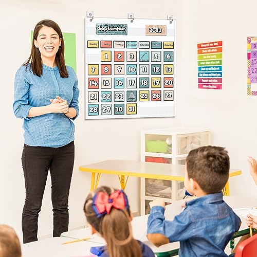 EAMAY Classroom Monthly Calendar Pocket Chart for 2.75 * 2.75 Cards,Homeschool Supplies and Classroom Must Haves! Only Chart(White) - color: White