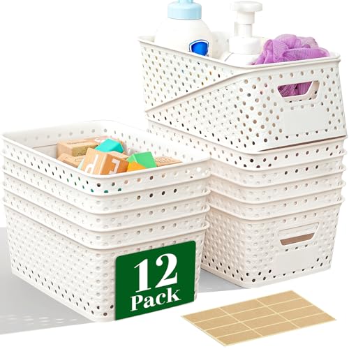 12 Pack Plastic Storage Baskets for Organizing, Storage Baskets for Shelves with Handles, Small Storage Bins with Labels, Organizer Baskets for Cabinet,Closet, Office - color: Cream White
