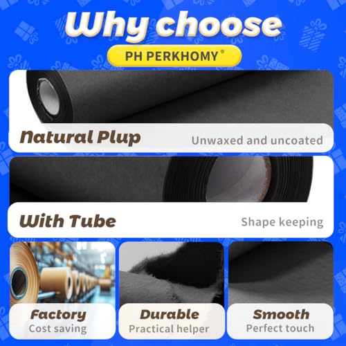 PerkHomy Black Kraft Paper Roll 17.5" x 760" (63') for Gift Wrapping Bouquet Flower Art Painting Craft Writing Packaging Shipping 80GSM 55LB (Black, 17.5" x 63') - color: Black, size: 17.5" x 760"