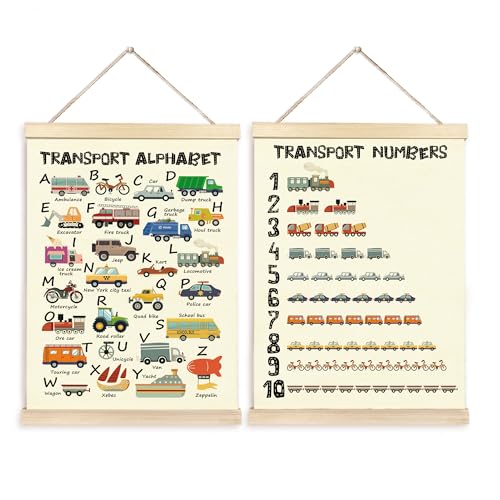 CGBHW Educational Transport Alphabet Numbers Poster Hanger Frame Set of 2 12x16, Vehicle Construction Learning Posters Wall Art Hanging Decor for Toddler Boy Kids Room Playroom Nursery - color: Color04