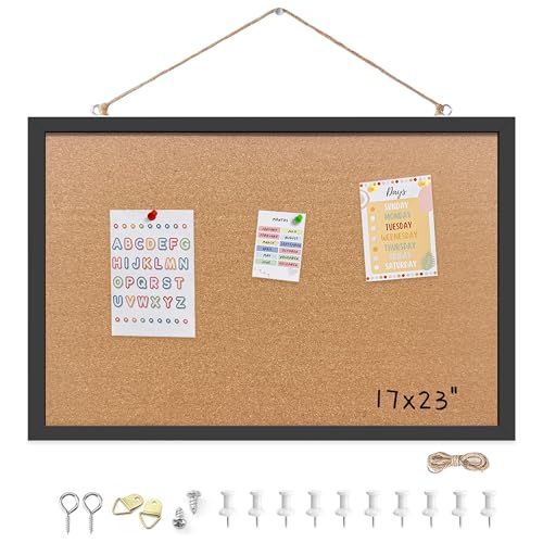 Cork Bulletin Board, 17x23 Inches Hanging Cork Board Wooden Framed with Pins for Wall, Dorm Room, Office, Home Decor – Natural Cork & Black Frame - color: Black, size: 17" x 23"