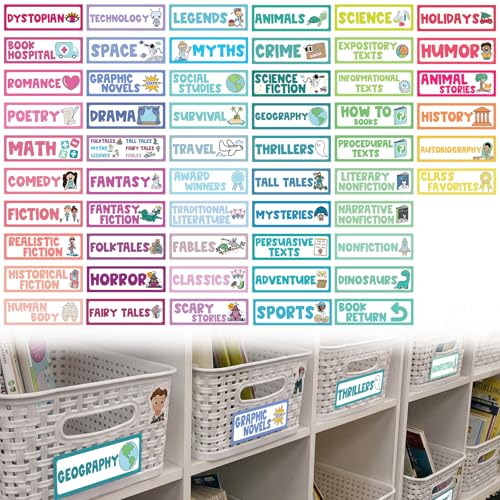 Tinlade 56 Pcs Back to School Classroom Library Labels for School Genre Topic Book Classroom Library Organization Teacher Supplies Cards for Book Bins Bookshelf Reading Corner(Classic) - style: Classic