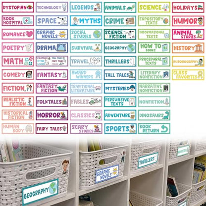 Tinlade 56 Pcs Back to School Classroom Library Labels for School Genre Topic Book Classroom Library Organization Teacher Supplies Cards for Book Bins Bookshelf Reading Corner(Classic) - style: Classic