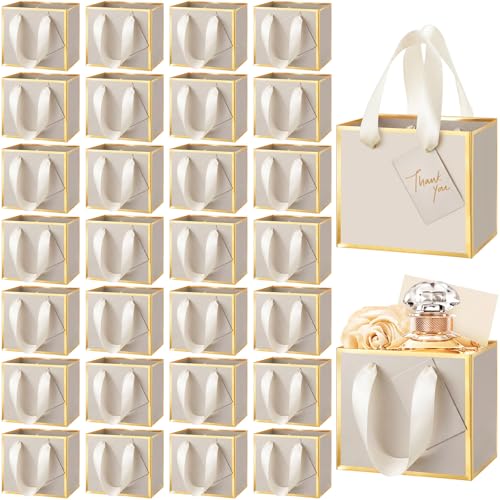 Yeaqee 50 Pcs Mini Metallic Paper Gift Bags with Handle 4.75x2.25x4'' Small Gift Bag DIY Tag Thank You Party Favor for Summer Wedding Baby Shower Birthday Back to School Jewelry (Champagne,Gold) - color: Champagne, Gold