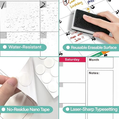 24" x 36" Dry Erase Wall Calendar large - Undated 3-Month Agenda Planner Calendar, Erasable and Reusable Whiteboard, 20 non-mark round double-sided glue, Vertical Layout for Office, Classroom, or Home