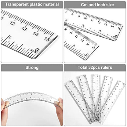 32 Pack 6 Inch Mini Rulers Bulk Plastic Small Rulers with Inches and Centimeters, Drafting Measuring Tool Set for Classroom Kids Student School Office Supplies(6 Inch,Clear) - color: Clear