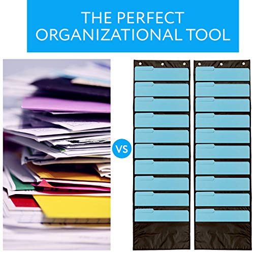 IMPRESA Deep File Pocket Chart - 47 x 14 in, Black - 2-Pack 20-Pocket Chart for Classroom Folders - Reinforced Grommets & Wall File Holder for Teachers