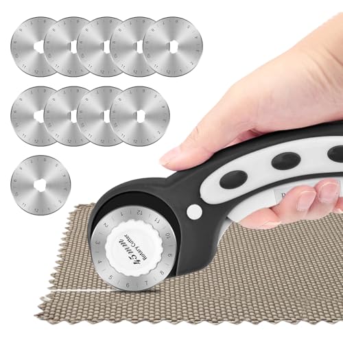 45mm Rotary Cutter for Fabric, Ergonomic Rotary Quilting Cutter with 10pcs Rotar-y B-lades, Craft Supplies Sewing Tools with Safet-y Lock for Dressmaking(Black) - color: Black