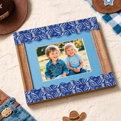 BeYumi Cowboy Bandana Border Trim - 65ft Back to School Western Themed Blue Bandana Scalloped Rolled Border Trim Wild West Themed Bulletin Board Set Classroom Office Chalkboard Wall Party Decoration - style: Western Cowboy Blue