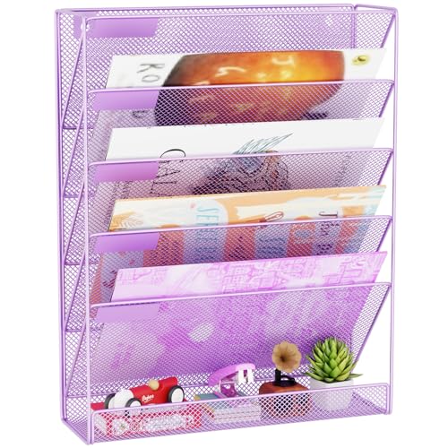 Wall File Organizer Holder Mesh Hanging Paper Document Holder, Vertical 6 Pocket Tier for Office Home, Light Purple - color: Light Purple, size: 6 Tier Ver.A