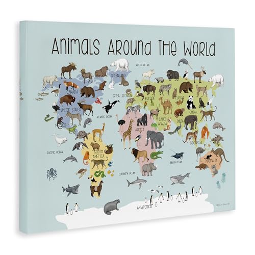 'Animals Around The World Map'| Canvas Art | Stupell Industries | 48 x 36 Inches, Easy to Hang and Sturdy, Made in USA, by Stephanie Workman Marrott - size: 48"L x 36"W