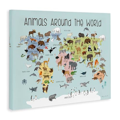 'Animals Around The World Map'| Canvas Art | Stupell Industries | 48 x 36 Inches, Easy to Hang and Sturdy, Made in USA, by Stephanie Workman Marrott - size: 48"L x 36"W