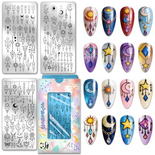 PH PandaHall 3pcs Star Moon Dream Catcher Nail Stamping Plates Pendant Chain Nails Art Stencils Crystal Suncatcher Nail Art Templates Bohemian Nail Stamper Plate for Women Manicures Salon Design Print - style: Star Moon