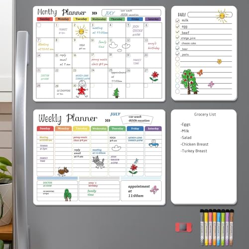 Hivillexun Magnetic Dry Erase Calendar Whiteboard Set (4-Pack) for Home and Kitchen, with Monthly and Weekly Views (16.5” x 11.8”), Magnetic Whiteboard and Daily Planners (12” x 8”) 8 Markers & Eraser - color: White Monthly/Weekly/Daily Planners Grocery L