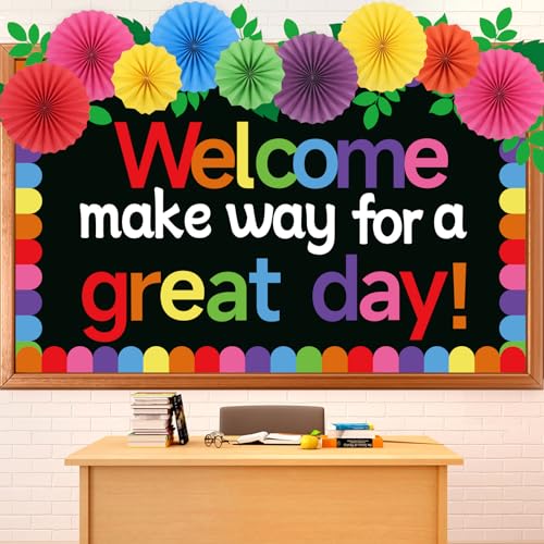 Classroom Bulletin Board Decorations with 3D Paper Fans Inspirational Welcome, Make Way for a Great Day Bulletin Board Set for Back to School Motivational Office Home Wall Door Chalkboard Decor - style: Welcome