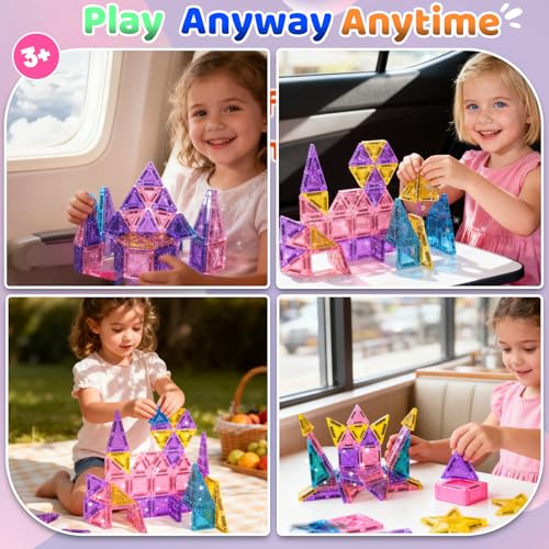 SKTMYY Travel Magnetic Tiles Set for Girls,Pink Mini Portable Magnet Toys with Iron Case,Travel Toys for Kids Ages 4-8,Ideal Toddler Birthday Valentines Day Gifts - style: Girls Magnetic Tiles