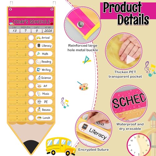 Pasimy Daily Schedule Pocket Chart with 31 Pencil Cards and 14 Pockets Pencil Schedule Charts Back to School Classroom Decor for School Office Home Educational Activity Supplies - style: Pencil Pocket Chart