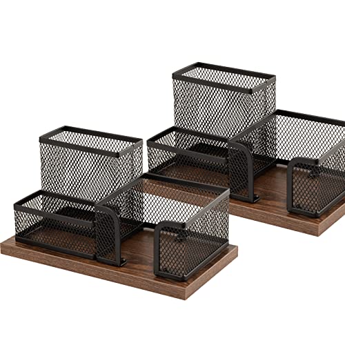 Antique Wood & Mesh Pen Holder Office Supplies Caddy, Storage Baskets for Desktop Accessorieswith Sticky Notes Holder,3 Compartments(2 Pack Black)