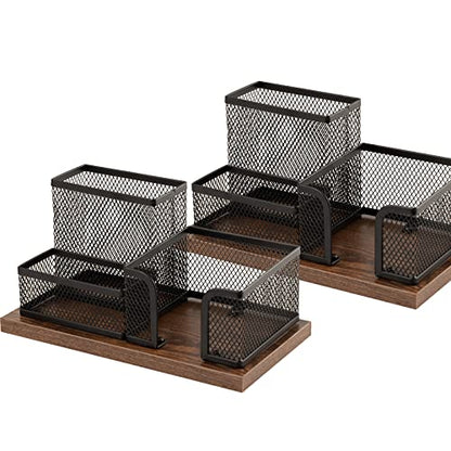 Antique Wood & Mesh Pen Holder Office Supplies Caddy, Storage Baskets for Desktop Accessorieswith Sticky Notes Holder,3 Compartments(2 Pack Black)