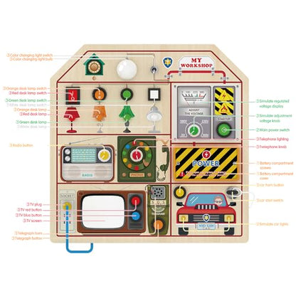 JAUNTY Montessori Wooden Busy Board for Toddlers 3 4 5 Years Old, Wooden Sensory Toddler Toys with LED Light Switches, TV Radio Telegram and Car Driving, Travel Toys Birthday for Boys Girls - size: Special Agent
