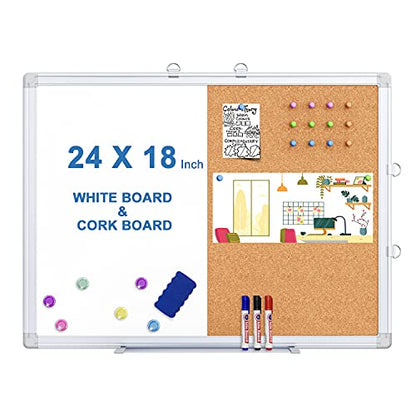 Magnetic White Board and Cork Board Combo, 24 X 18 inches Whiteboard Bulletin Combination Board, Wall Mounted Dry Erase Message Board for Home, School and Office - size: 24 x 18 inch